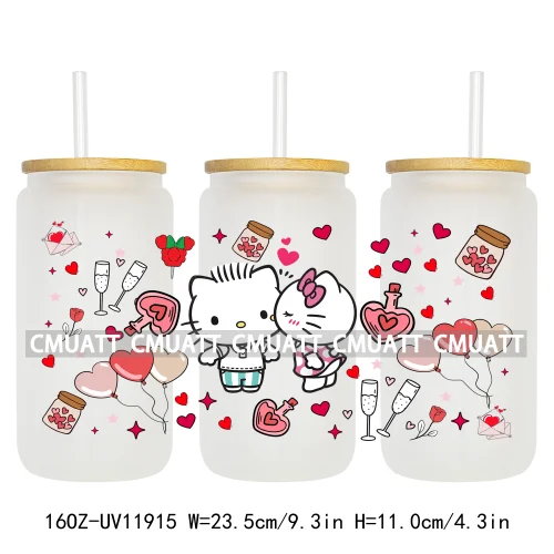 Cartoon Pink Sweet Happy Valentine‘s Day Kids Love Characters UV DTF Stickers Cup Wraps Logos For 16OZ Libbey Glass Can