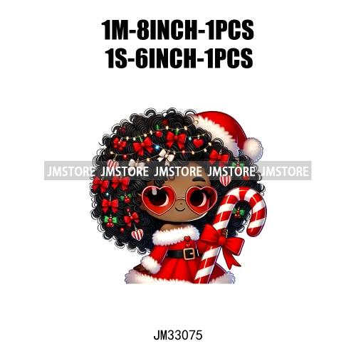 Chibi Candy Santa Girl African American Characters Merry Christmas Gift Iron On DTF Transfer Stickers Ready To Press For Clothes