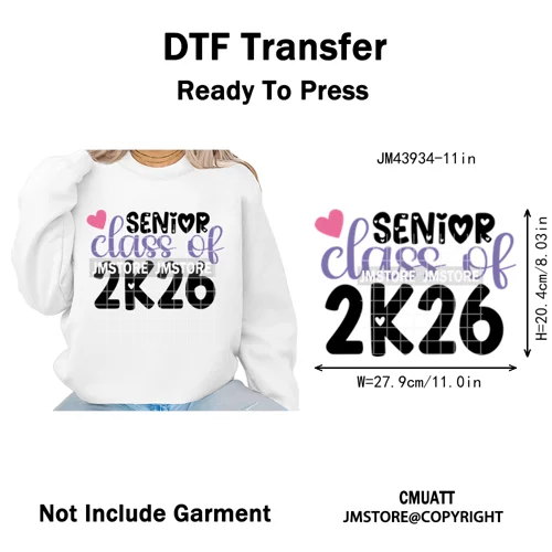 College Mega Senior 2K26 Coquette Class of 2026 Iron on Washable DTF Heat Transfers Stickers Ready to Press for Textiles Bags