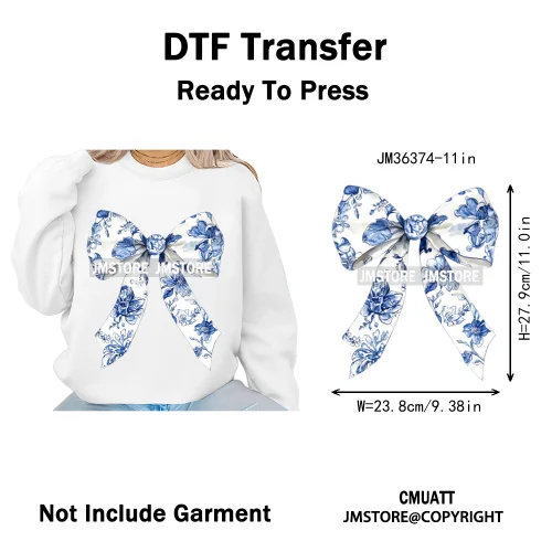 Blue And White Toile Chinoiserie Floral Coquette Bow Thermal Decals Iron on DTF Transfers Stickers Ready to Press for Clothing