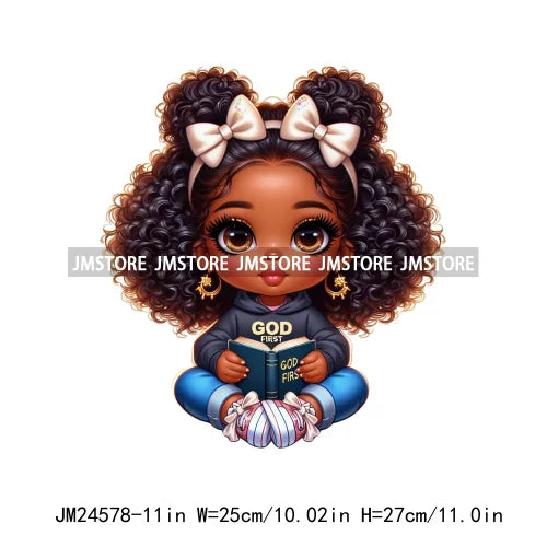 Cute God First Chibi Black Baby Girl Afro Magic Kids Coffee Woman Iron On DTF Transfer Stickers Ready To Press For Clothes Bags