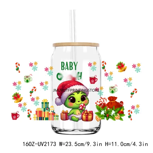 Christmas Santa Green Baby 16OZ UV DTF Cup Wrap Transfer Stickers Custom Labels DIY Durable Waterproof Logo For Libbey Glass Can