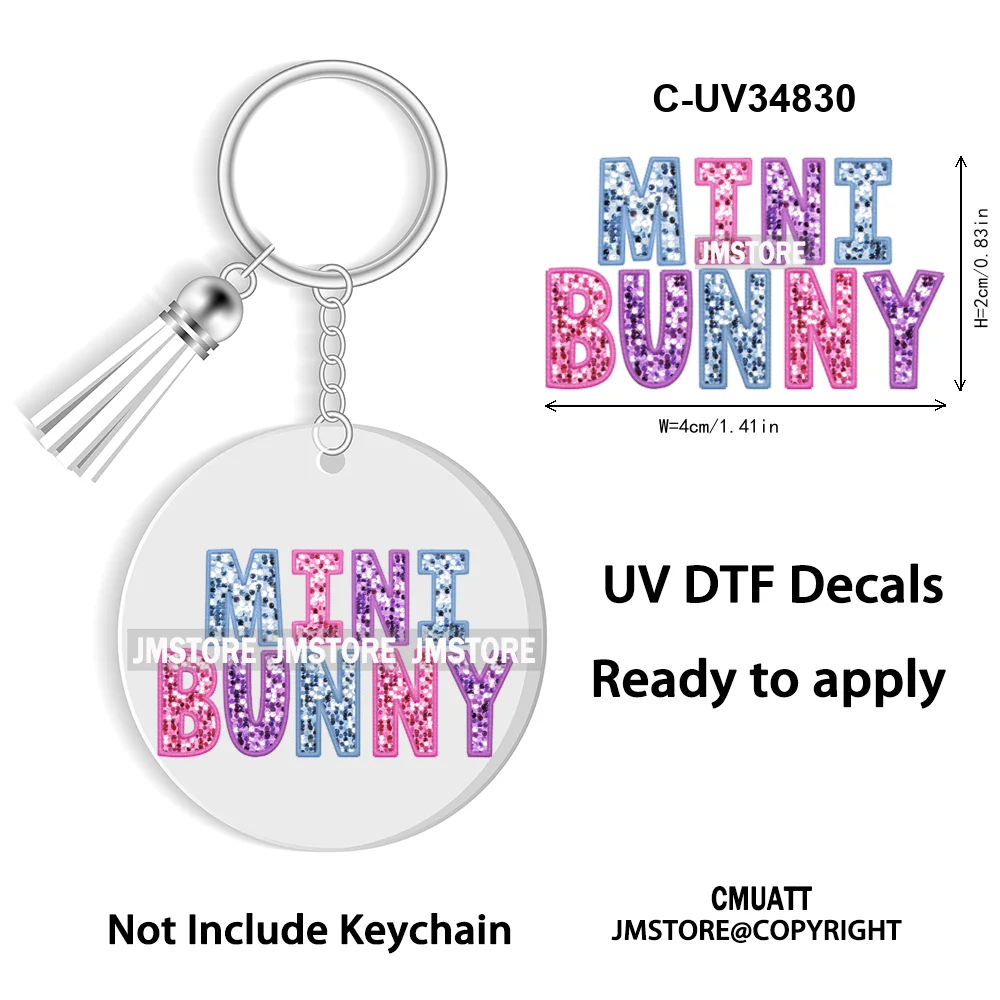 Faux Sequin Glitter Happy Easter Bow Retro Easter Bunny Blowing Bubble UV DTF Stickers for Round Circle Acrylic Keychain Keyring