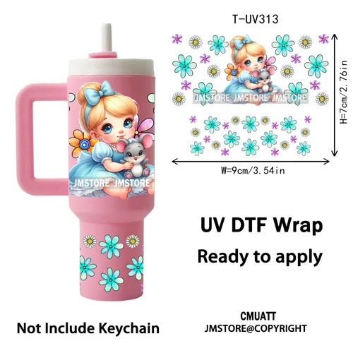Watercolor Little Girl Cartoon Princess Flowers UV DTF Wraps Ready To Use Transfer Stickers Waterproof For Mini Tumbler Keychain