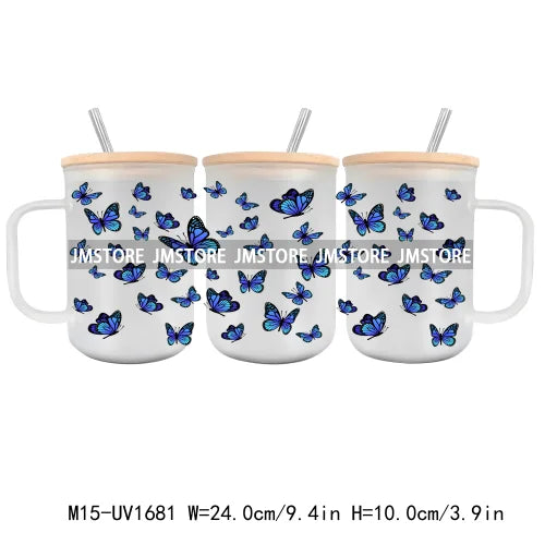 Floral Wildflowers Plants Butterfly UV DTF Glass Can Wrap For 15OZ Mug Coffee Cup Transfer Stickers DIY Custom Logo Labels