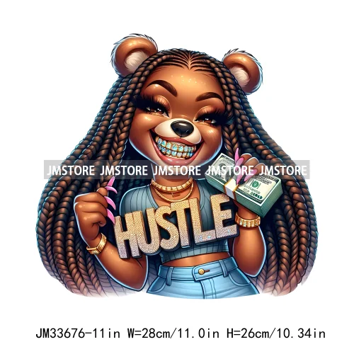 Girl Grillz Hustle Hip Pop Bear Money Quotes Sayings Washable Decals Iron On DTF Transfers Stickers Ready To Press For Clothing