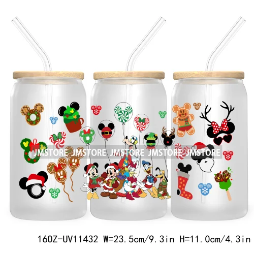 Merry Christmas Cartoon Couple 16OZ UV DTF Cup Wrap Ready To Apply For Libbey Glass Can Cup Tumbler Gingerbread Candy Cane Mouse