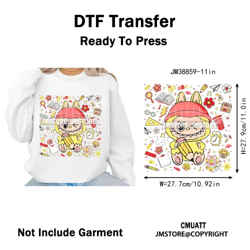 Floral Cute Checkered Cartoon Monster Character Iron on DTF Washable Transfers Stickers Designs Ready to Press for Textile Bags