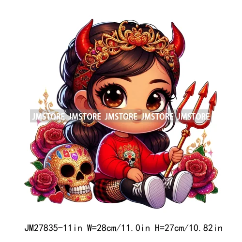 Chibi Cute Halloween Devil Latina Baby Hispanic Girls Skull Red Rose DTF Iron On Transfer Stickers Ready To Press For Sweatshirt