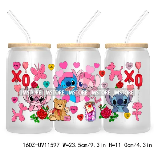 Happy Valentine's Day Cartoon Mouse Couple 16OZ UV Cup Wrap DTF Transfer Sticker For Libbey Glass Can Cups Tumbler XOXO Love Bug