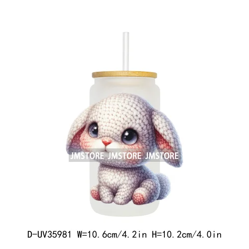 Watercolor Knitted Cute Animals UV DTF Transfer Stickers Decals Ready To Apply Waterproof For 16OZ Libbey Glass Can Cups Tumbler