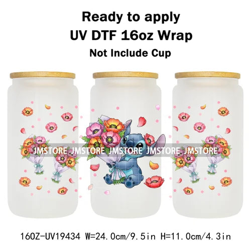 Cartoon Holding Bouquet Flowers UV DTF Cup Wrap Ready To Apply Transfer Stickers Durable 16OZ Tumbler Wraps For Libbey Glass Can
