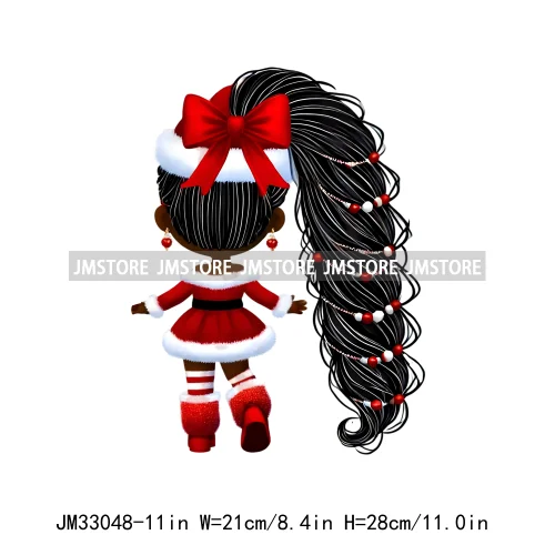 Cute Santa Hat Baby Afro Girls Coquette Bow Christmas Festive Holiday Iron On DTF Transfer Stickers Ready To Press For Clothing