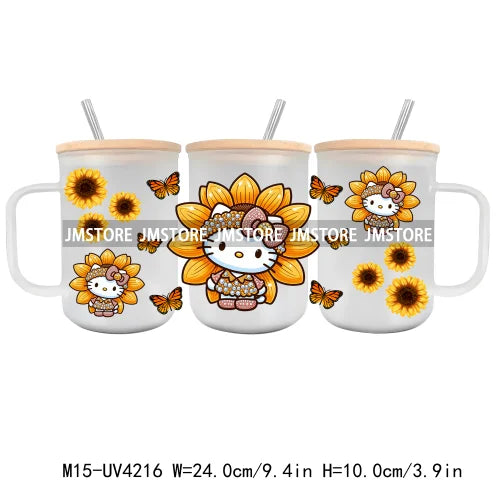 Cartoon Best Friends UV DTF Glass Can Wrap For 15OZ Mug Glass Cup Transfer Stickers DIY Custom Logo Labels Cute Cat Sunflowers