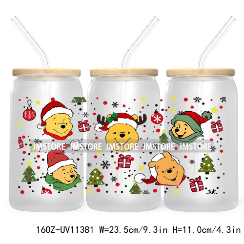 Cute Kids Cartoon Character With Christmas Lights Tree Xmas Holiday UV DTF Transfer 16OZ Libbey Glass Can Wrap Ready to Apply