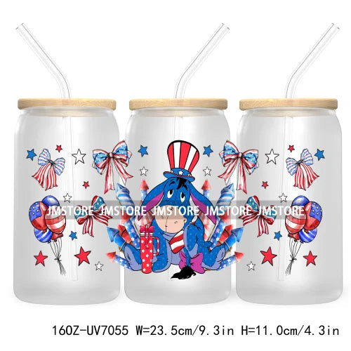 Happy 4TH Of July Cartoon Bear Friends 16OZ UV DTF Cup Wrap Transfer Stickers For Libbey Glass Can Cups Tumbler Waterproof Craft