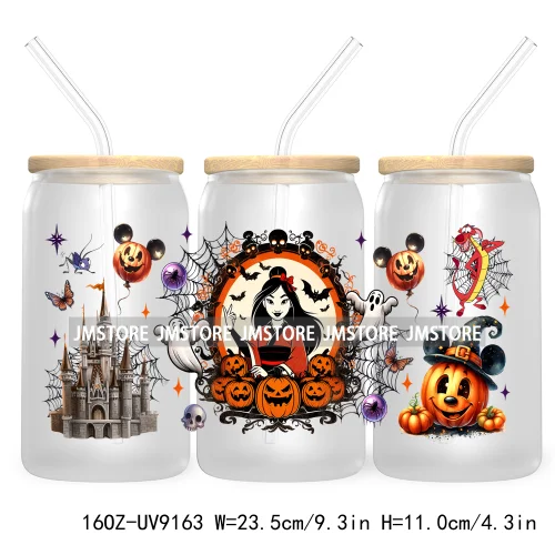 New Trendy Cartoon Princess Halloween 16OZ UV Cup Wrap DTF Transfer Stickers For Libbey Glass Can Cups Tumbler Waterproof Labels