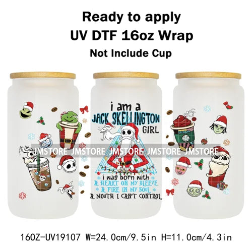 Skeleton Nightmare Before Christmas UV DTF Transfer Sticker Cup Tumbler Wrap For 16OZ Libbey Glass Wraps Bottle Mug DIY Labels
