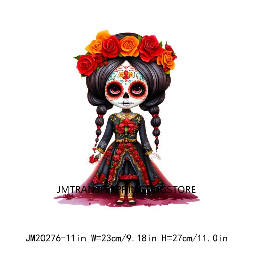 Cute Doll La Catrina Day Of The Dead Sugar Skull Mexican Halloween Iron On DTF Transfer Stickers Ready To Press For Hoodies Bags