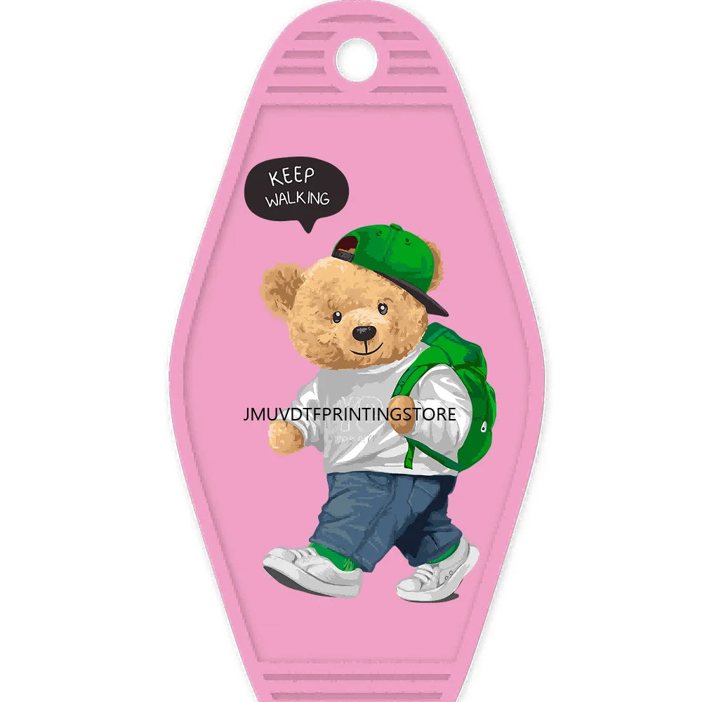 Cute Pink Teddy Bear Girl High Quality WaterProof UV DTF Sticker For Motel Hotel Keychain Brown Bears Baseball