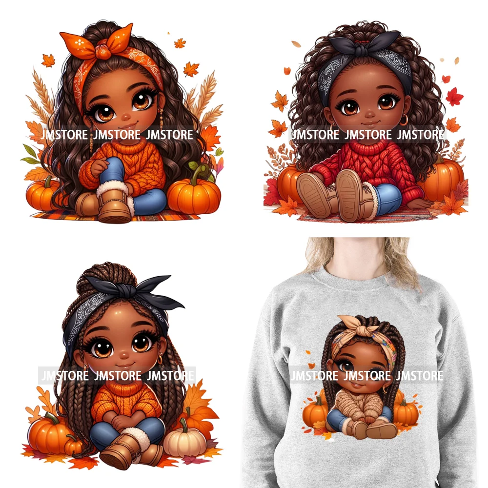 New Autumn Chibi Black Baby Girls Cartoon Afro Princess Pumpkin Fall Season DTF Iron On Heat Press Transfer Stickers For Hoodies