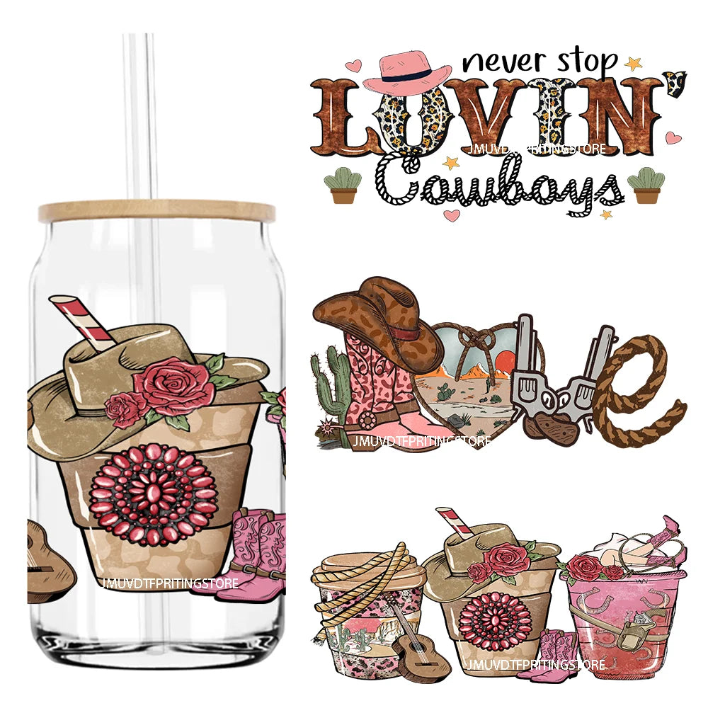 Western Valentine's Day Cowgirl 16OZ UV DTF Cup Wrap Transfers Stickers Custom Labels DIY Waterproof Logo For Libbey Glass Can