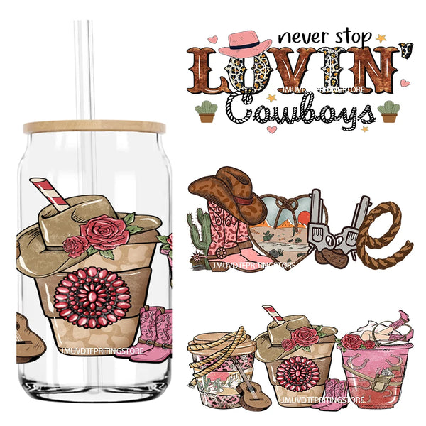 Western Valentine's Day Cowgirl 16OZ UV DTF Cup Wrap Transfers Stickers Custom Labels DIY Waterproof Logo For Libbey Glass Can