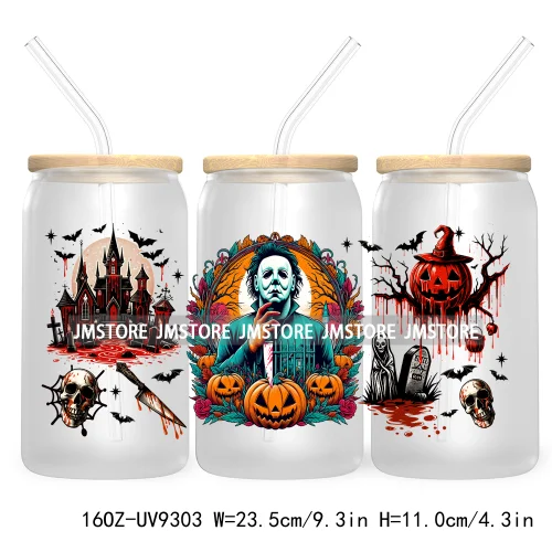 Scary Movies Halloween 16OZ UV DTF Cup Wrap Transfer Stickers Custom Labels Waterproof Logo For Libbey Glass Can Spooky Season