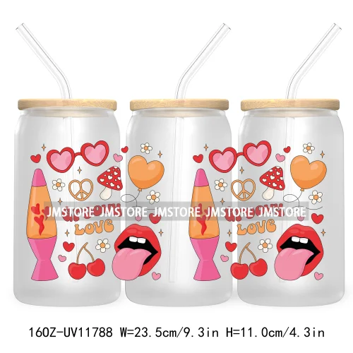 Trendy Girly Coquette Cherry Bow Valentines Gift Bears UV DTF Cup Wrap Transfer Stickers For 16OZ Libbey Glass Can Custom Logo