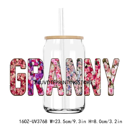 Flower Family Mama Nana UV DTF Sticker For 16OZ Libbey Glass Cup Can Wrap Transfer Sticker Custom Labels DIY Logo Dogmom