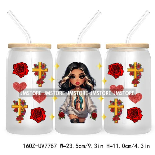 Beautiful Chicana Latina Woman Rose 16OZ UV DTF Cup Wrap Transfers Stickers For Libbey Glass Can Cups Tumbler Waterproof Craft