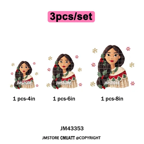Cute Faux Knitting Yarn Princess Cartoon Character Christmas Holiday Iron on DTF Transfers Stickers Ready to Press for Hoodies