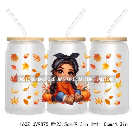 Mexican Latina Chibi Autumn Baby Girl UV DTF Sticker For 16OZ Libbey Glass Cup Can Wrap Transfer Stickers Custom Labels DIY Logo