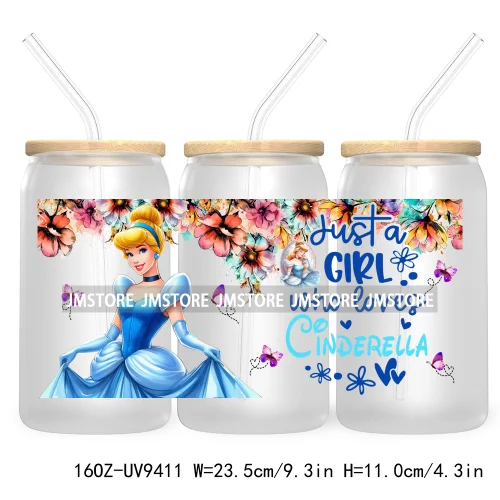 Just A Girl Who Loves Cartoon Princess 16OZ UV Cup Wrap DTF Transfer Stickers For Libbey Glass Can Cups Tumbler Waterproof Label