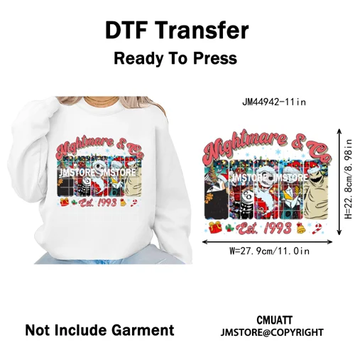 New Nightmare Horror Christmas Movie Characters Lover Iron on Washable DTF Heat Transfers Stickers Ready to Press for Clothes