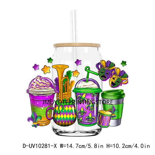 Happy Mardi Gras Afro Messy Bun UV DTF Transfers Stickers Decals For Libbey Cold Cups Mugs Tumbler Waterproof DIY Logo