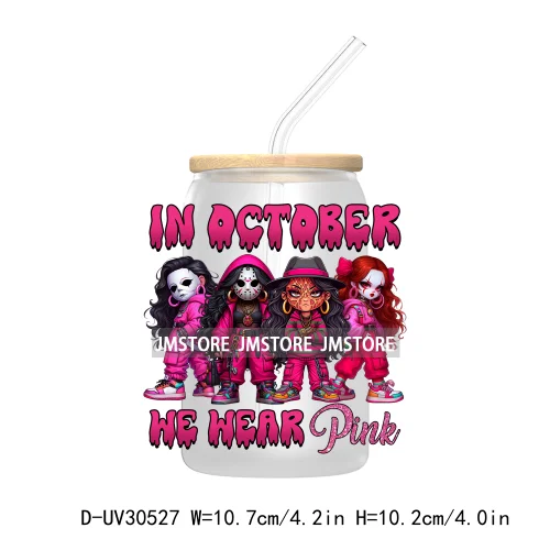 In October We Wear Pink UV DTF Transfers Stickers Decals For Libbey Cold Cups Mugs Tumbler Waterproof Craft Horror Movie Sisters