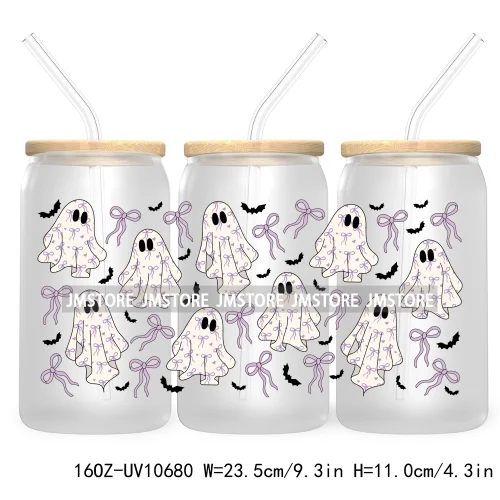 Spooky Halloween Ghost UV DTF Sticker For 16OZ Libbey Glass Cup Can Girly Coquette Bow Wrap Transfer Stickers Custom Labels Bats