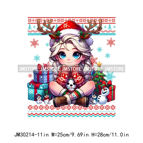 Cute Princess Red Ugly Sweater Cartoon Girls Friends Merry Christmas Iron On DTF Transfers Stickers Ready To Press For Clothing