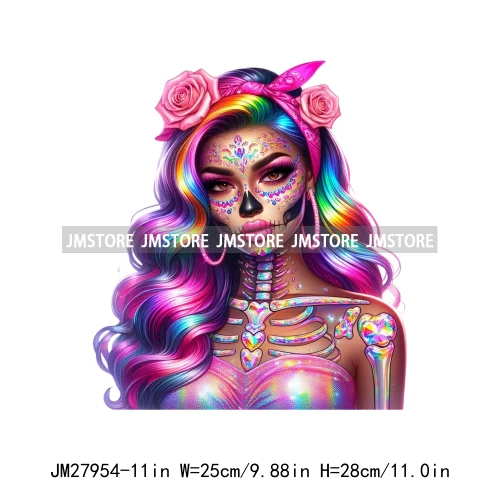 Raninbow Diamond Glamor Latina Skeleton Woman Rose Chicana  Earing Girls DTF Iron On Heat Press Transfer Stickers For Clothes