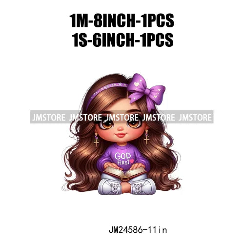 God First Chibi Cute Brown Hair Latina Dolls Baby Girls Coquette Bow Iron On DTF Transfer Stickers Ready To Press For Hoodies