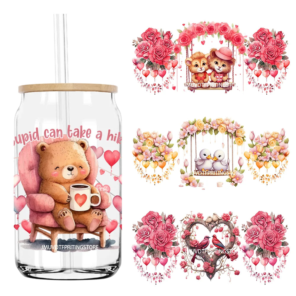 Valentines Teddy Bear With Red Roses UV DTF Sticker For 16OZ Libbey Glass Cup Can Wrap Transfer Sticker Custom Labels DIY Logo