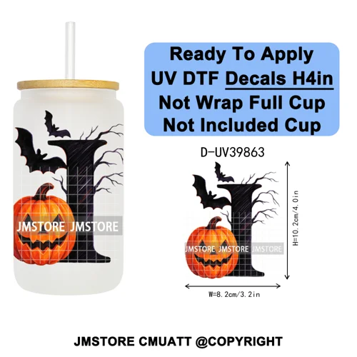 Polka Dot Pumpkin Halloween Letter Coquette UV DTF Decals Ready To Apply Waterproof Transfer Stickers For 16OZ Libbey Glass Can