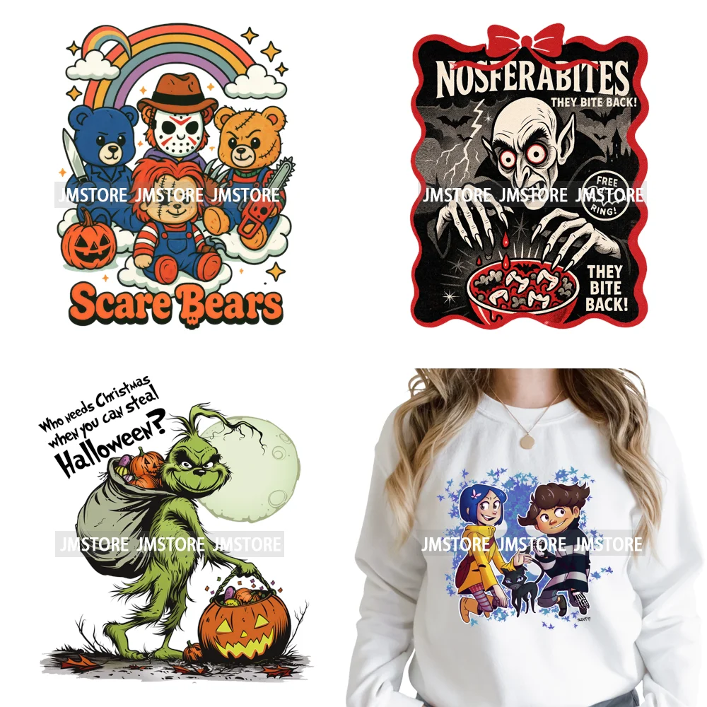 Scary Cartoon Halloween Horror Movies Trick Or Treat Logo Iron on DTF Washable Transfer Sticker Ready to Press for T-shirts Bags