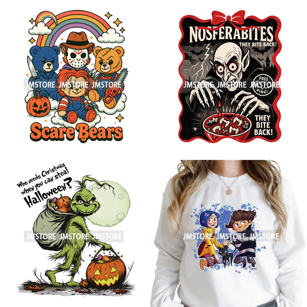 Scary Cartoon Halloween Horror Movies Trick Or Treat Logo Iron on DTF Washable Transfer Sticker Ready to Press for T-shirts Bags