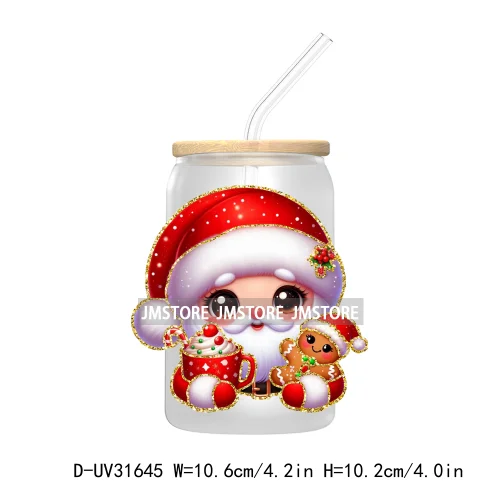 Glitter Cartoon Character With Christmas Hat Holiday Xmas UV DTF Transfer Stickers Decals For Libbey Cold Cup Mug Tumbler Labels