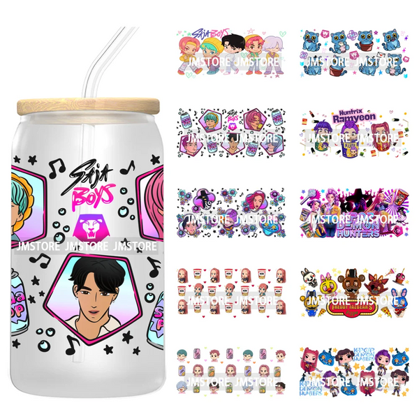 Kpop Demon Inspired Movie Boy Band Hunter Girl Anime Fan UV DTF Wraps Transfer Sticker Waterproof Logo For 16OZ Libbey Glass Can