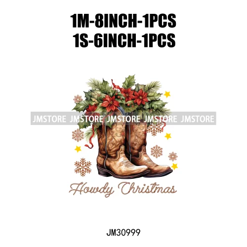 Howdy Christmas Cheer Vibes Coquette Western Country Cowgirl Boots Iron On DTF Transfer Stickers Ready To Press For Clothes Bags