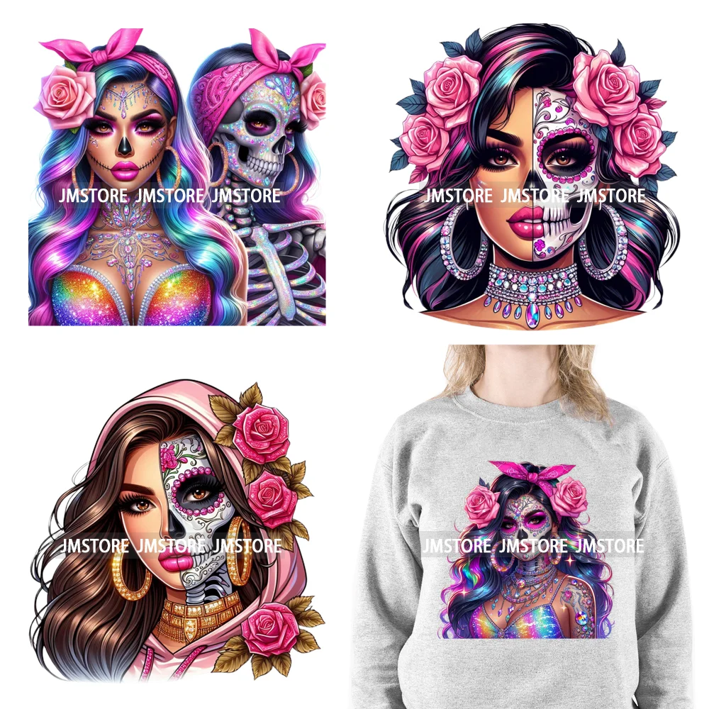 Raninbow Diamond Glamor Latina Skeleton Woman Rose Chicana  Earing Girls DTF Iron On Heat Press Transfer Stickers For Clothes