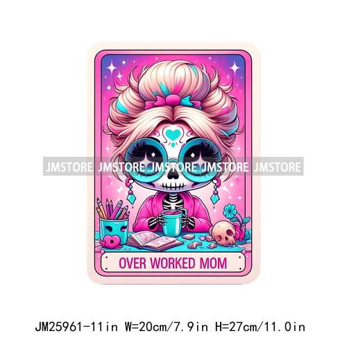 Funny Crafter Girl Skeleton Marathoner Overthinker Mom Queen Tarot Card DTF Iron On Transfer Stickers Ready To Press For Clothes